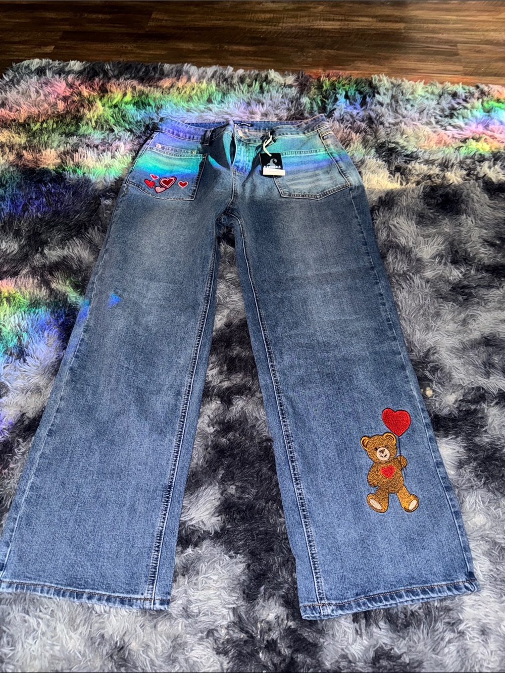 Blue Wide-Leg Embroidered Teddy Heart Jeans